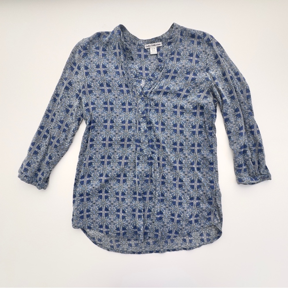 Dalia Collection Blue Mosaic Patterned Blouse with Mandarin Collar Women’s XS